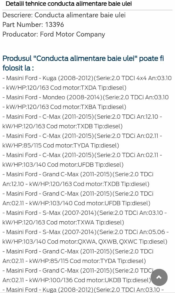 Conducta alimentare baie ulei Ford 2.0L Kuga 1, Mondeo 4, C Max, S Max