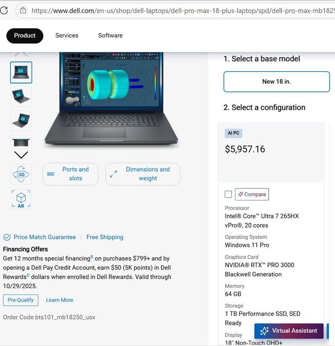 Dell Pro Max 18 Plus QHD+ RTX PRO A3000 12Gb GDDR7 Intel U7 265HX 64/1