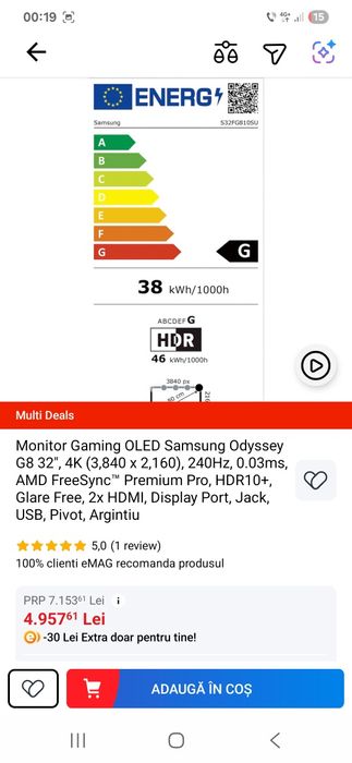 Monitor Gaming OLED Samsung Odyssey G8 32", 4K (3,840 x 2,160), 240Hz,