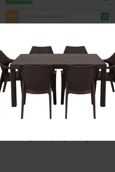 Masa si 6 scaune, plastic cu model impletitura ratan si lemn, maro