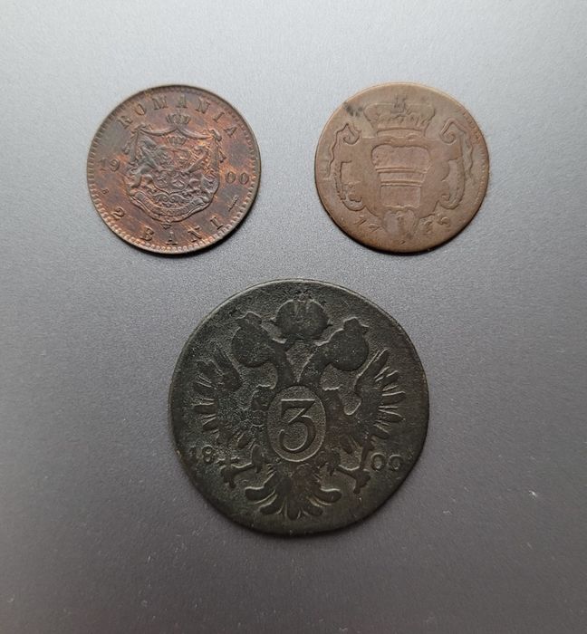 Lot 3 monede vechi, 2 bani 1900, 3 kreuzer 1800 E,  1 pfennig 1765.