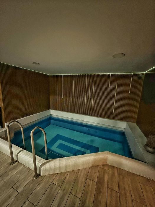 Sauna pe lemne, bazin cu apa