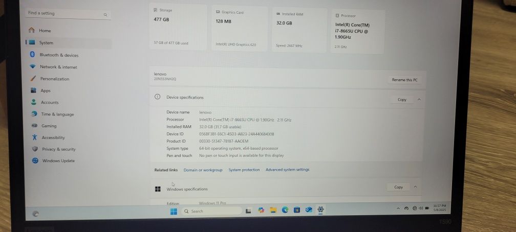 Laptop LENOVO ThinkPad T590/32G 512 Intel Core I7