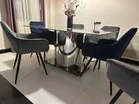 Set lux masa dining sticla inox + 6 scaune tapitate catifea