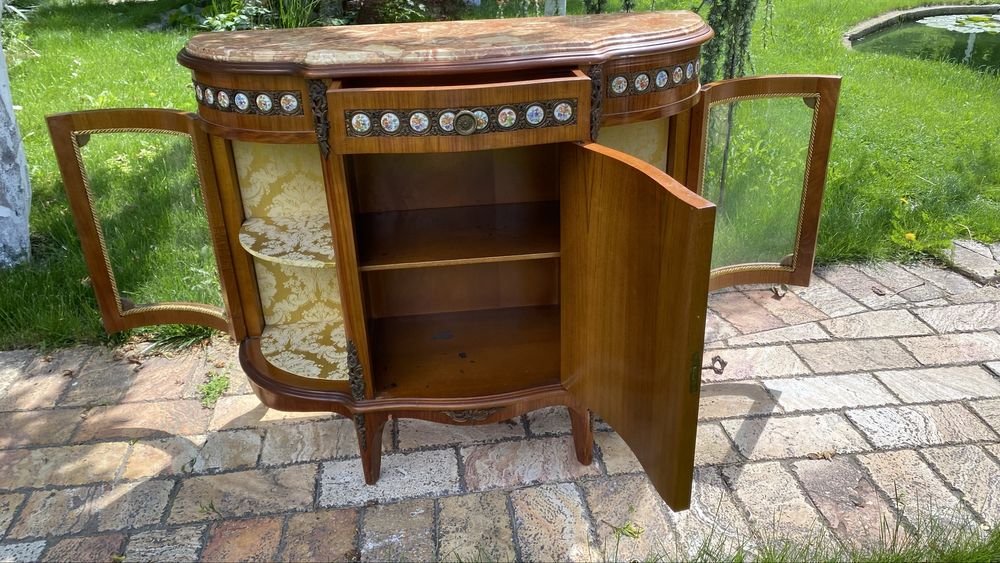 Comoda Lemn Bronz Portelan Blat Marmura Vintage Antic