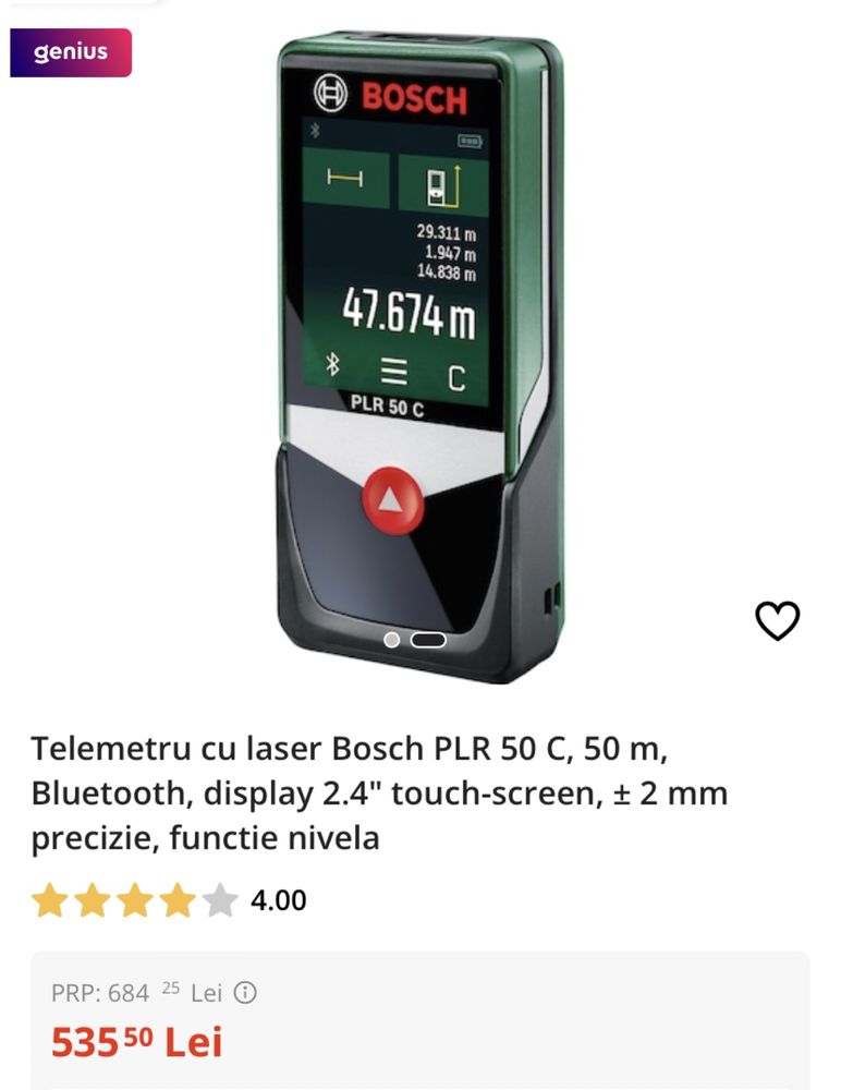 Telemetru cu laser Bosch PLR 50 C, 50 m, touchscreen, transport inclus