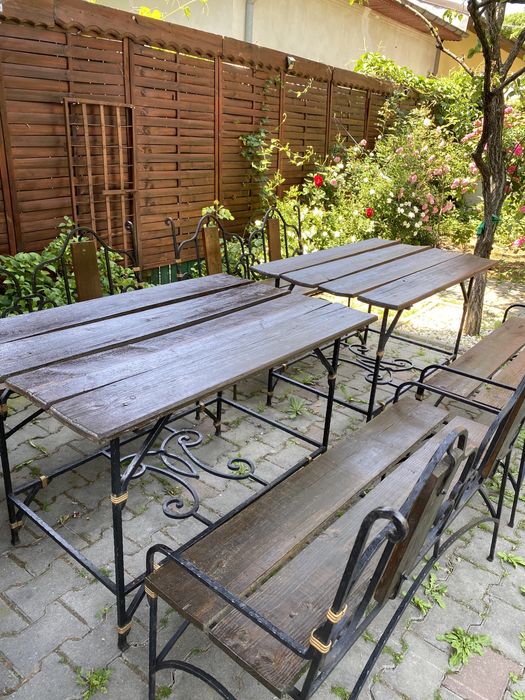 Masa+2 banci,fier forjat,lucrat manual.