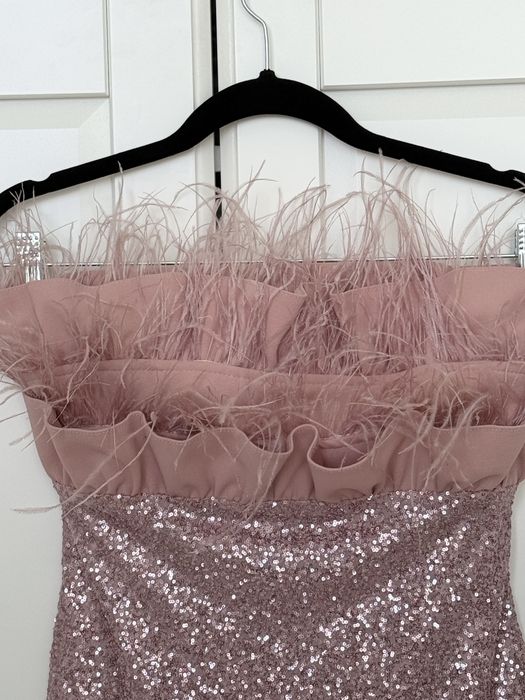 Рокля до коляното с пайети и пера, розова S