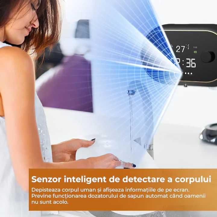 Dozator Automat Sapun Lichid, negru, afisaj temp, ora, fara atingere