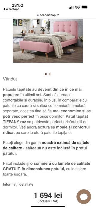 Vand pat tapitat cu saltea de o persoana