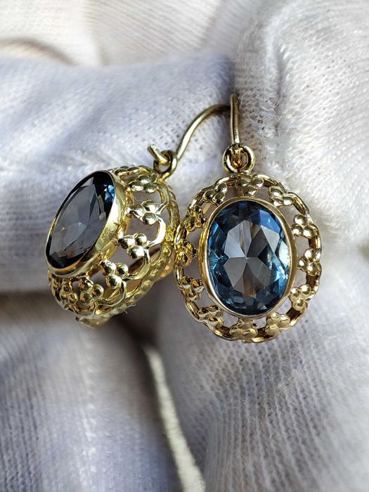 (REZ) Cercei Aur 14K Cu Topaz Fleur De Lis Ungaria Unicat