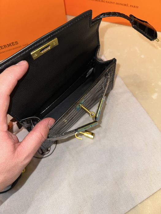 Geanta Hermes Kelly 19cm black piele croco