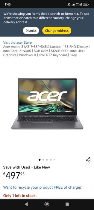 Acer 17 Inch/Intel I3-N305-gen14 2024!/8GB DDR5/512GB SSD Nvme!