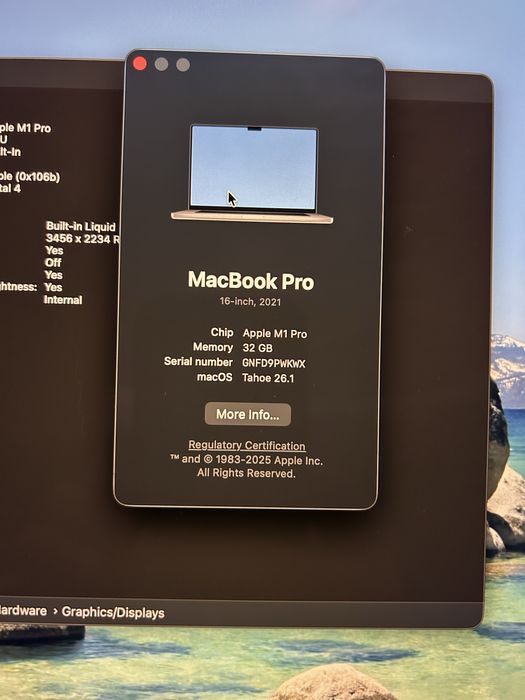 MacBook Pro 16” A2485 M1 PRO 10 CPU, 16 GPU, 32GB RAM, 512GB SSD