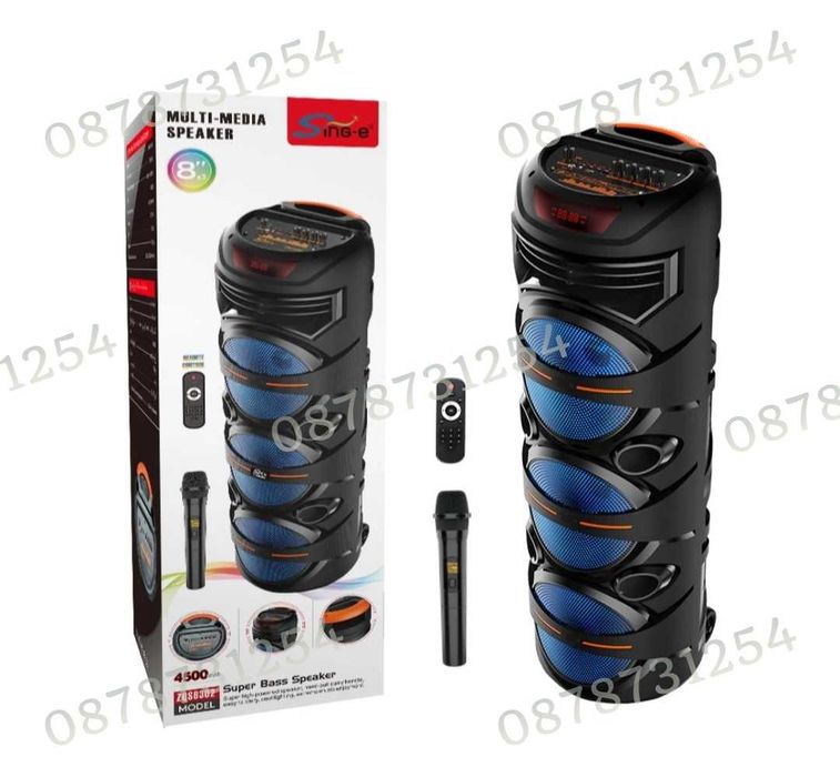 Голяма и Мощна Тонколона 3х8 инча с Безжичен Микрофон и Дистанционно