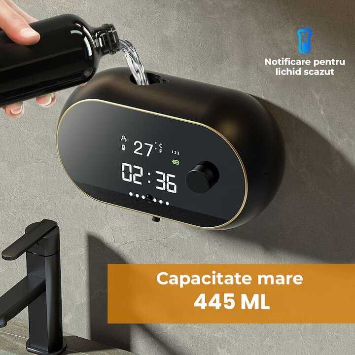 Dozator Automat Sapun Lichid, negru, afisaj temp, ora, fara atingere