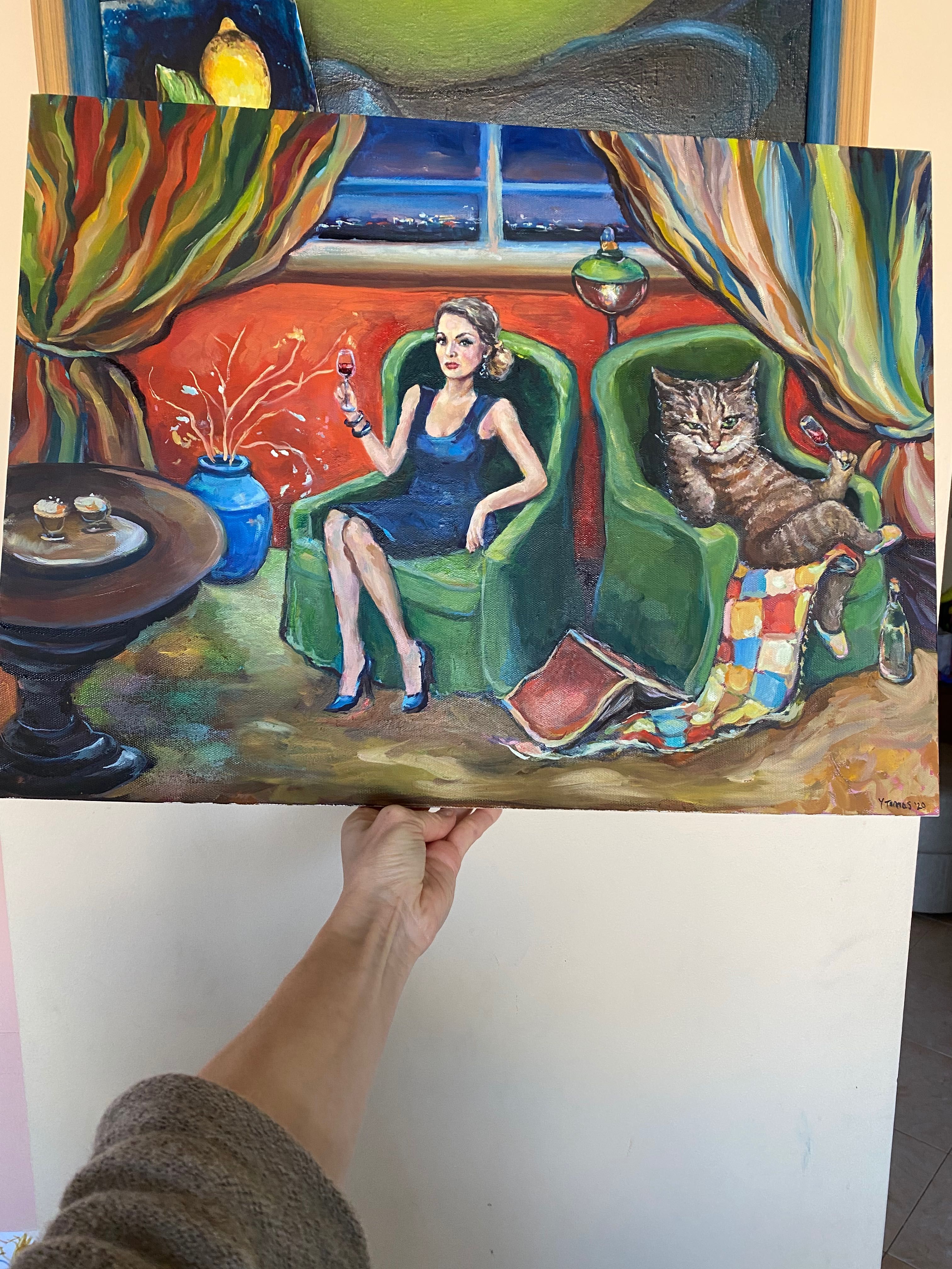 Картина авторска маслени бои Жена и Котка
