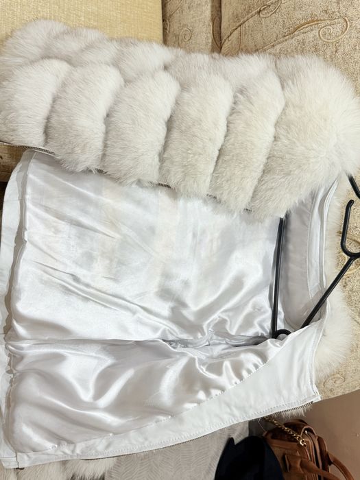 Палто естествен пух и кожа, 2в1 елек + качулка!