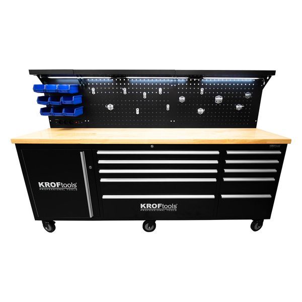 Професионална метална работна маса с 10 чекмеджета, плот от масивно дъ