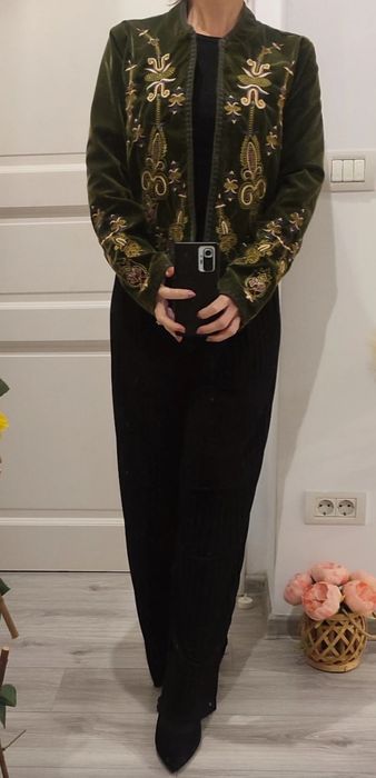 Blazer/sacou catifea fină Verde olive,  handmade, mărime M, oversize,