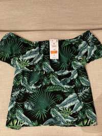 Bluza de vara cu umerii goi, model tropical, frunze de palmier