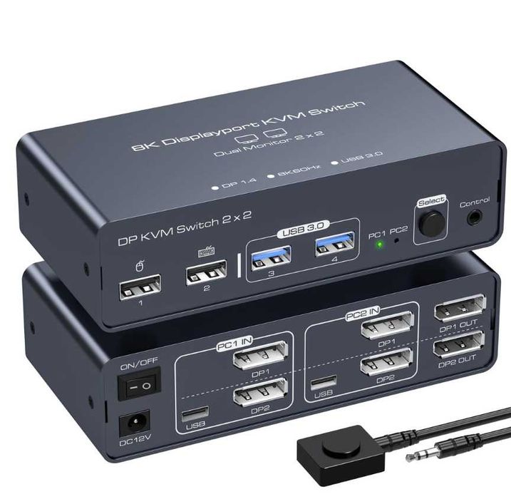 Comutator KVM 2*DisplayPort pentru 2 PC-uri, 4K120HZ, 8K60HZ