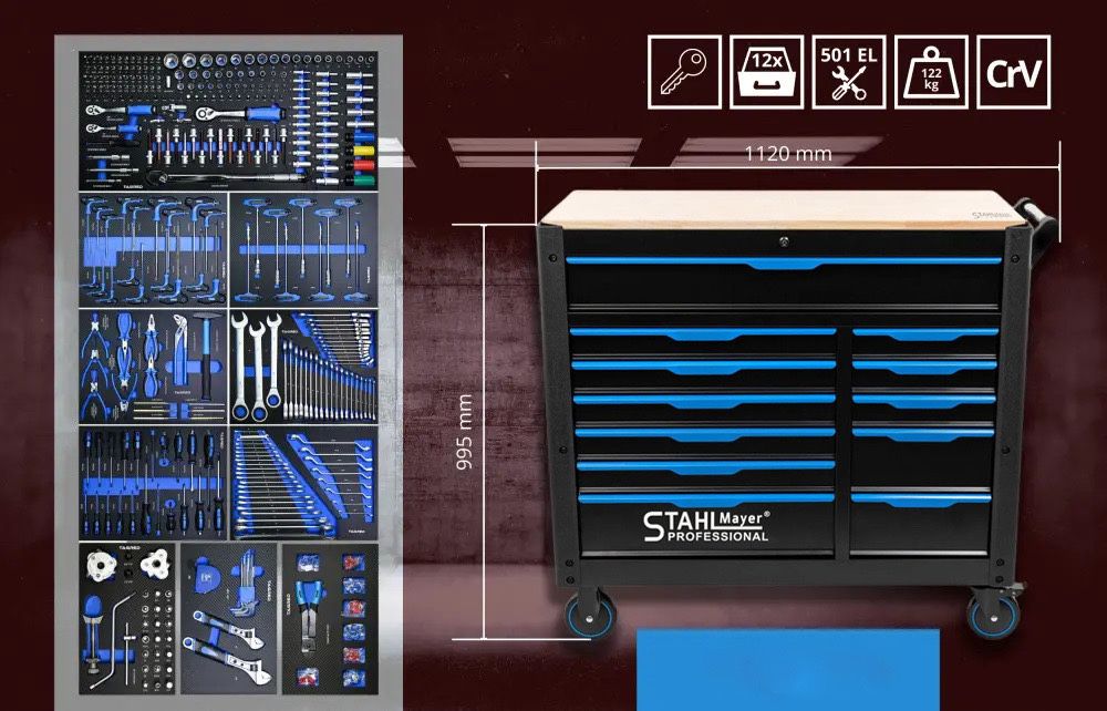Шкаф/количка с инструменти 501 части 12чекмеджета STAHLMAYER JUMBO XXL