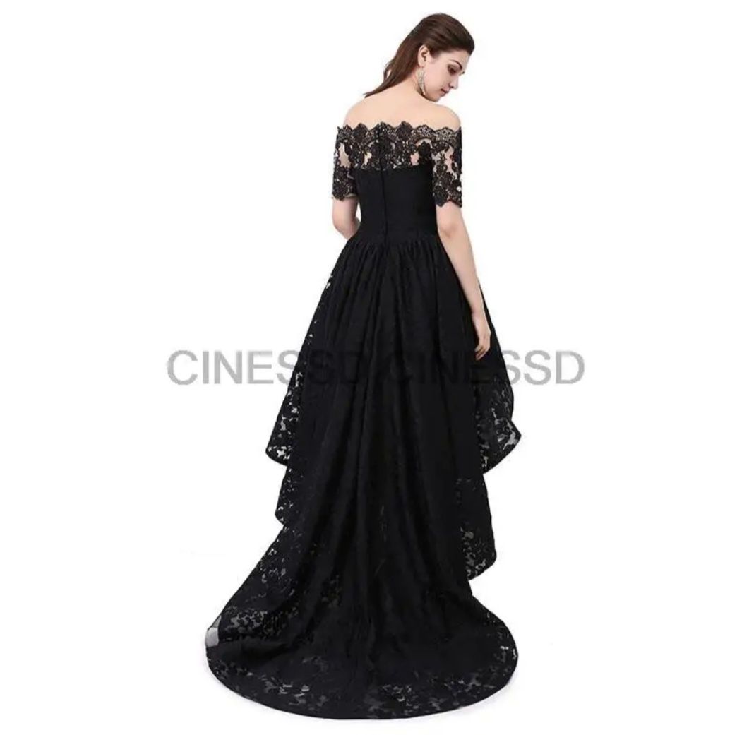Елегантна и ефектна черна дълга, къса рокля с дантела