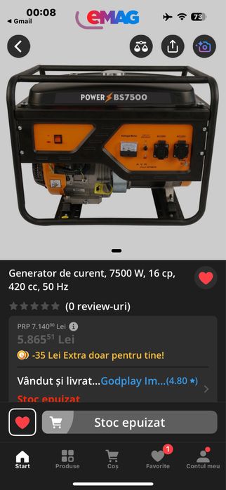 Generator de curent pe benzina Power BS7500W 16 cai 420 cc 4 timpi