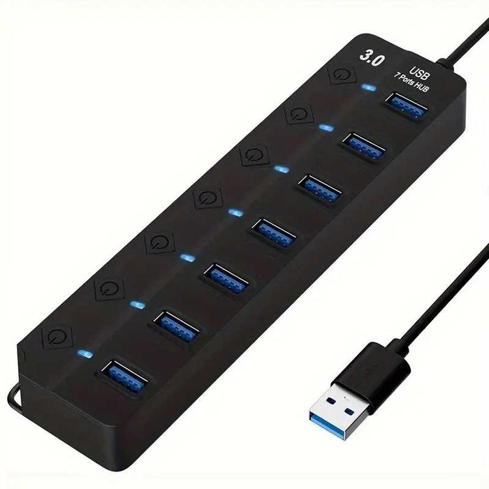 Hub USB 3.0 cu 7 porturi, comutator LED pornit/oprit pentru  PC