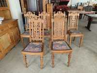 Комплект от шест дъбови стола с дърворезба и дамаска