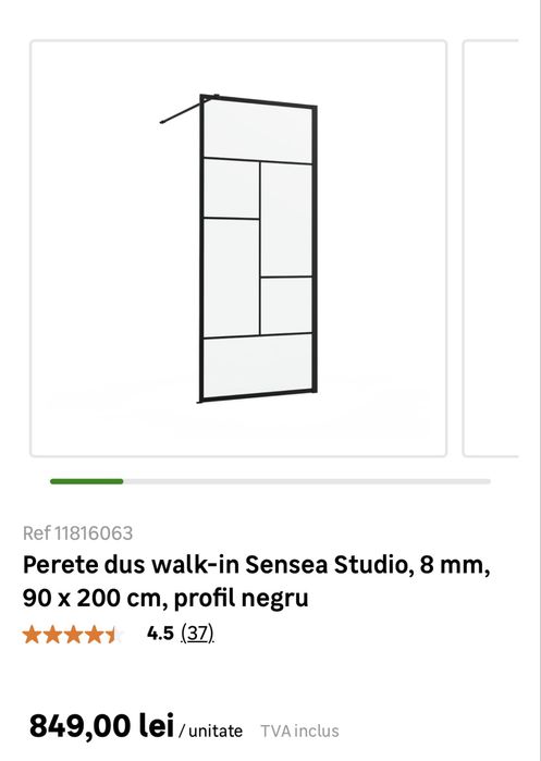 Perete dus walk-in Sensea Studio, 8 mm, 90 x 200 cm, profil negru