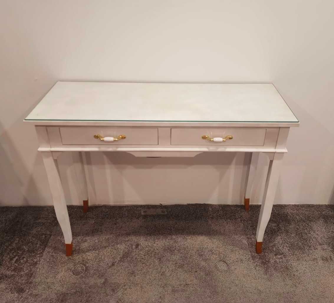 Consola lemn masiv , masa machiaj, makeup birou alb auriu