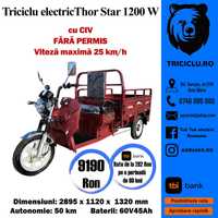 Triciclu NOU electric Thor STAR FARA CABINA 1200W Agramix