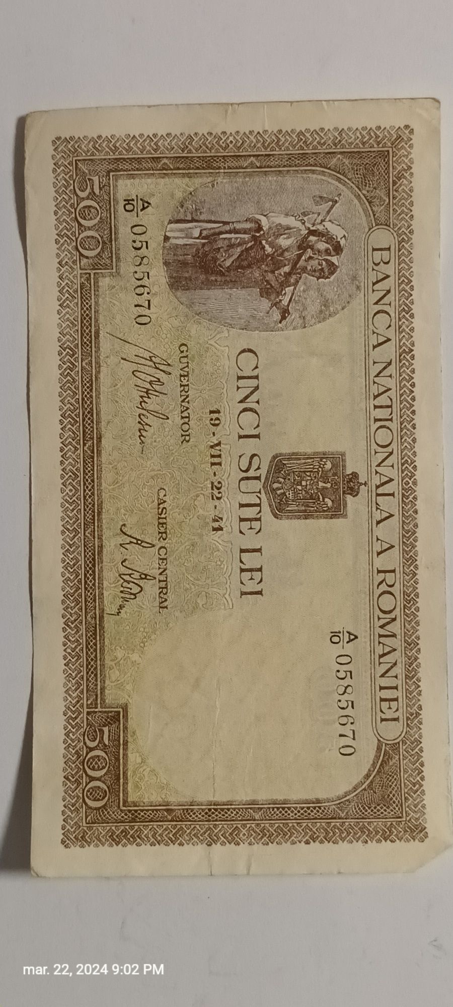 Bancnota veche "CINCI SUTE LEI" 1941 iulie