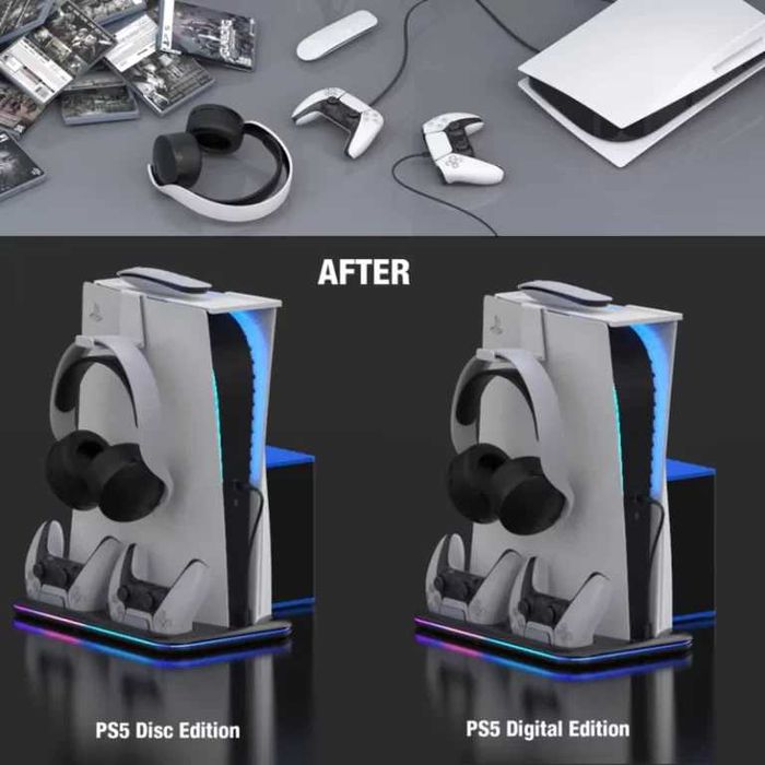 Охлаждаща стойка за Playstation 5 RGB с докинг станция за зареждане