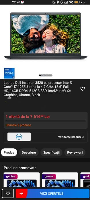 Laptop DELL Inspiron 15 3520, Intel Core i7-1255U pana la 4.7GHz, 15.6