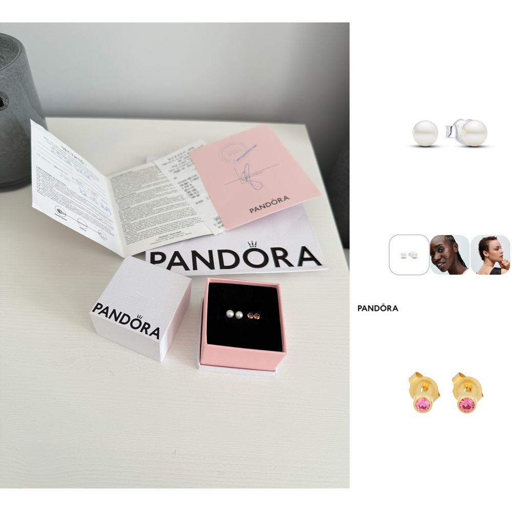 1 + 1 обеци Pandora със сертификат и кутийка Пандора перли розов камък