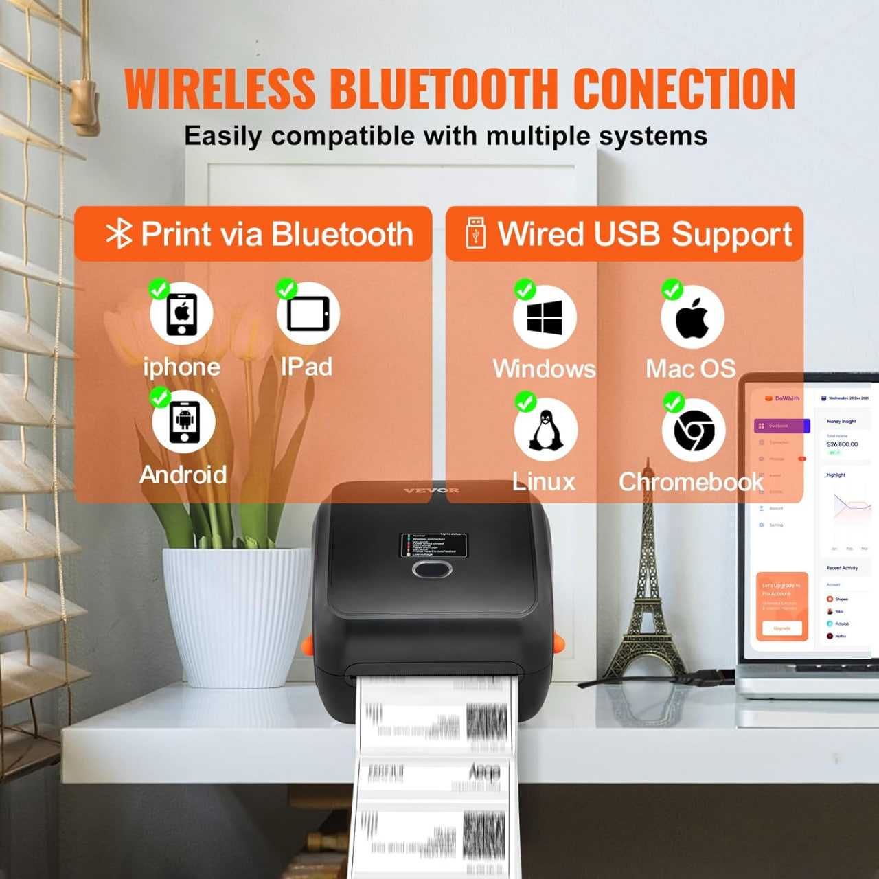 Профессиональный термопринтер этикеток 300 DPI Bluetooth и USB