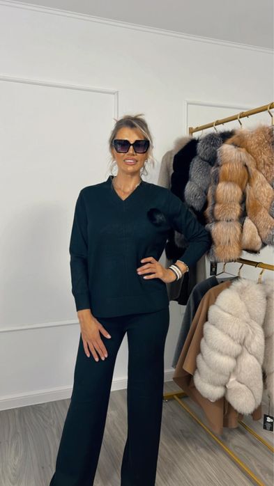 Costum casual doua piese pantaloni si bluza mix lana si tricotaj