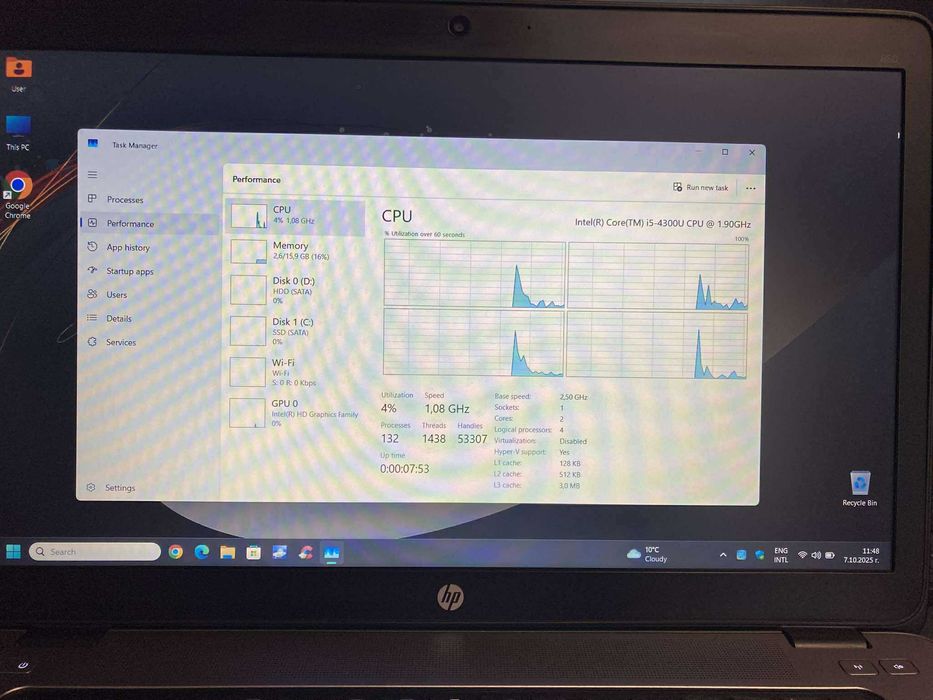 Бизнес лаптоп HP, Intel Core i5, 16 GB RAM, SSD NVMe, Win11