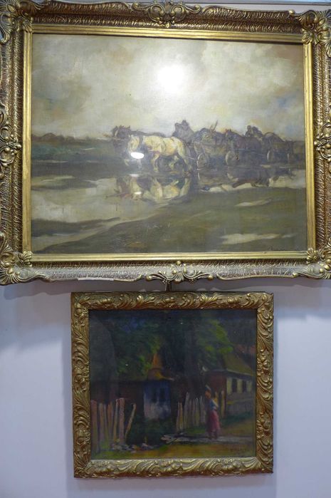 Udvary, Pál (1900 - 1987) Car cu cai dupa ploaie Rama sticla 70 50cm