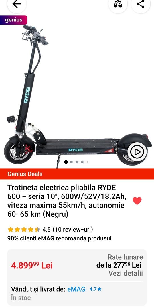 Trotineta electrica pliabila RYDE 600 - seria 10", 600W/52V/18.2Ah

T