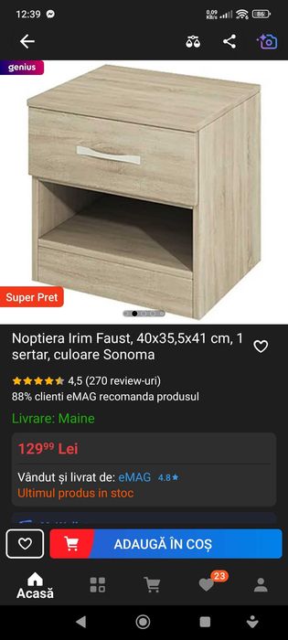 Vand noptieră Irim Faust, 40x35,5x41 cm, 1 sertar, culoare Sonoma