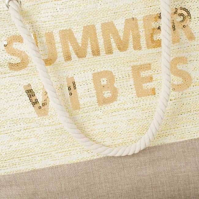 Плажна бежова ютена чанта със златни пайети "Summer Vibes"55.5x15x42см