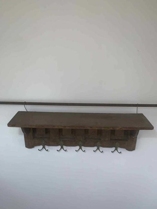 Cuier de perete din lemn masiv 5 carlige din bronz vintage