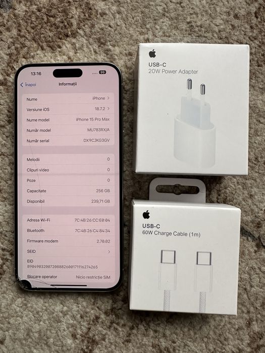 iPhone 15 Pro Max White, perfect functional, cu ecran fisurat