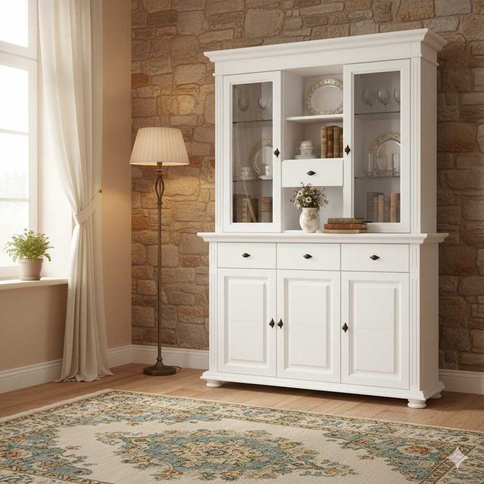 Vitrina tip bufet din lemn masiv Mona, alb