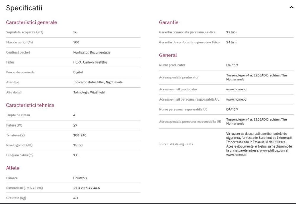 Purificator aer PHILIPS AC1715/11, 4 trepte viteza