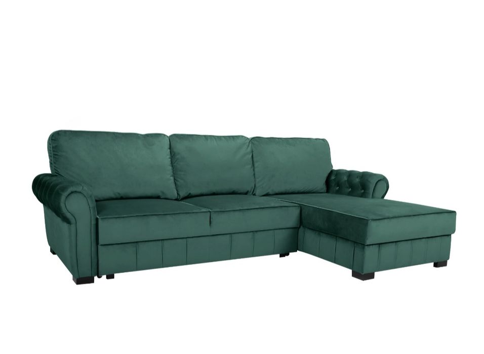 Coltar living extensibil pe stanga Eco Chester, cu lada, verde, 282 x
